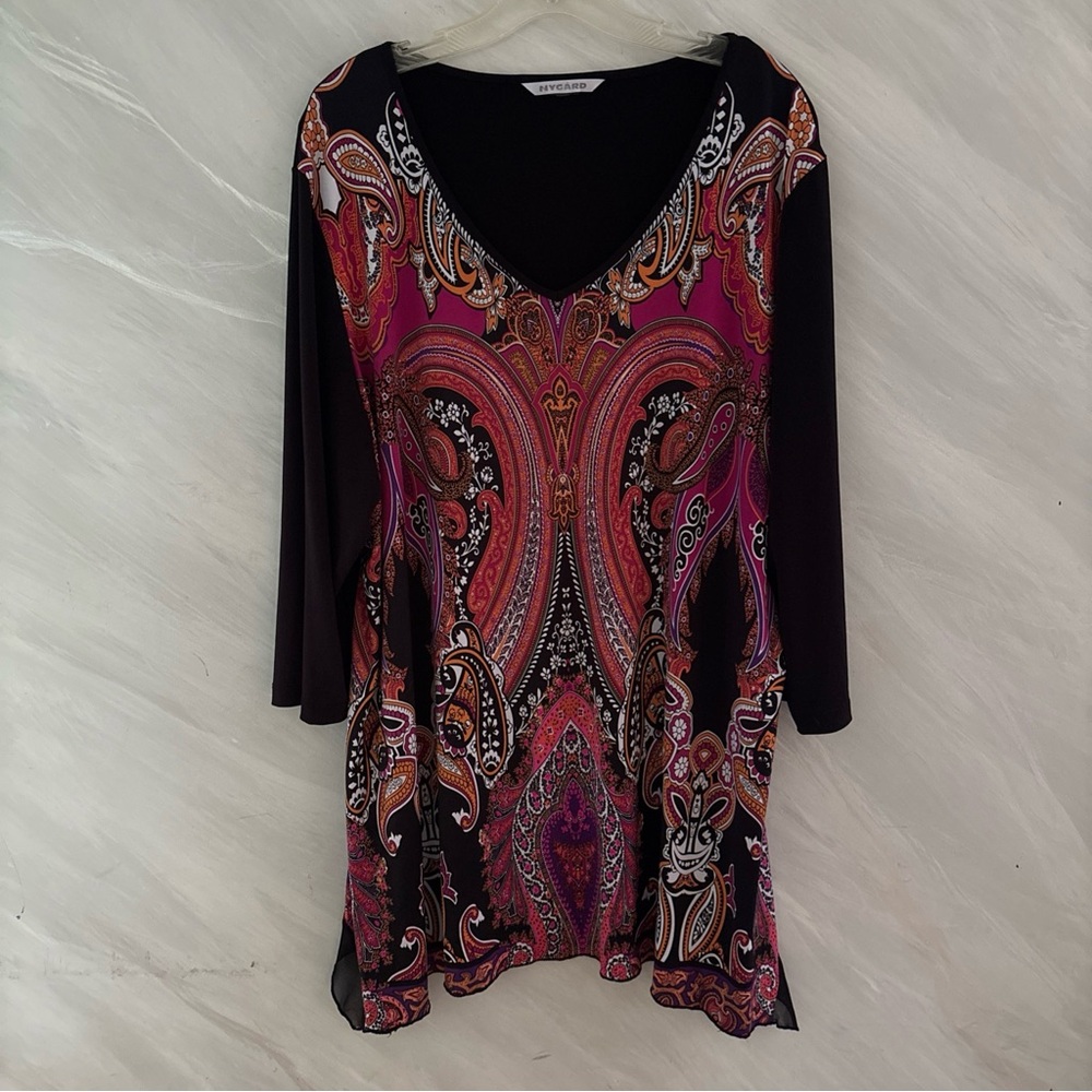 Nygard Women’s 3X Black/Pink Paisley Stretchy 3/4 Sleeve Blouse Whimsical Artsy